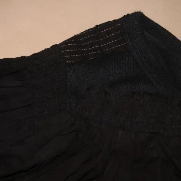 Free People Navy Mixed Media Light Magic Henley Balloon Sleeve Top - Picture 9 of 12